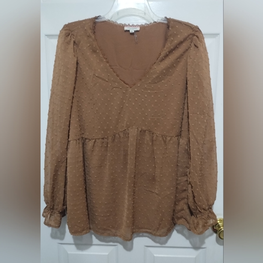 Women's Boho Swiss Dot Brown/Tan Long Sleeve Lined Blouse